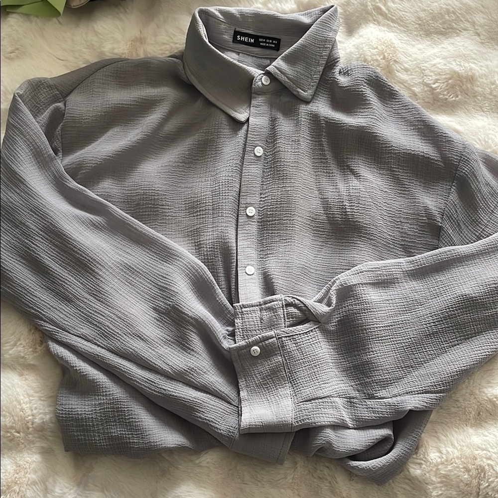 SHEIN Women's Gray Textured Button Down Shirt